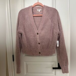 ROSE+VINE cropped button up cardigan-soft pink-fuzzy soft texture.